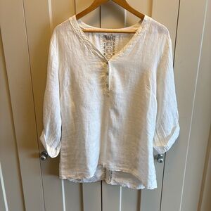 Italian🇮🇹 White Linen Blouse with Lace Detail-3/4 Sleeves-Suze L